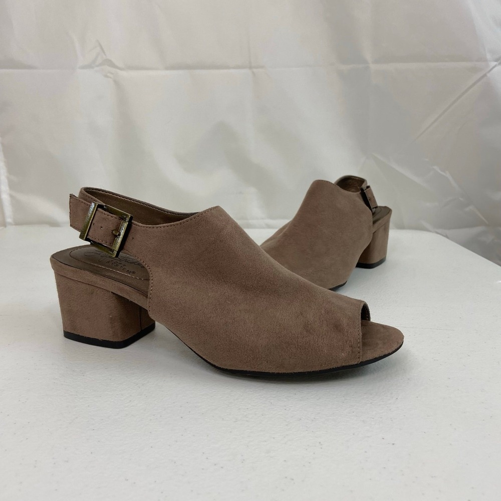 Life Stride women's tan soft system faux suede buckle‎ chunky wedge heel shoes